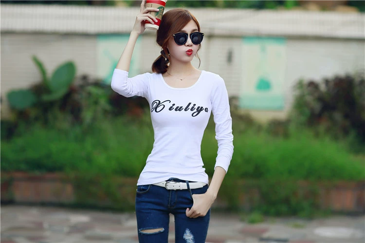 Xuân 2018 phiên bản Hàn Quốc mới của áo thun chạm đáy áo thun dài tay nữ quần áo sơ mi giảm béo chữ hoang dã
