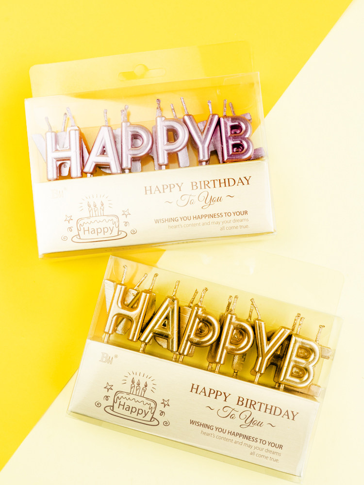 Children's party Birthday candles golden Happy Birthday letters Happy Birthday cake pink candles