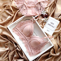 Midnight blue thin Cup sexy gathering embroidered underwear suit glossy three-breasted non-rim bra pants front cross