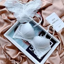 Midnight Blue European and American sexy white deep V lace underwear top thin bottom thick embroidery gather bra set