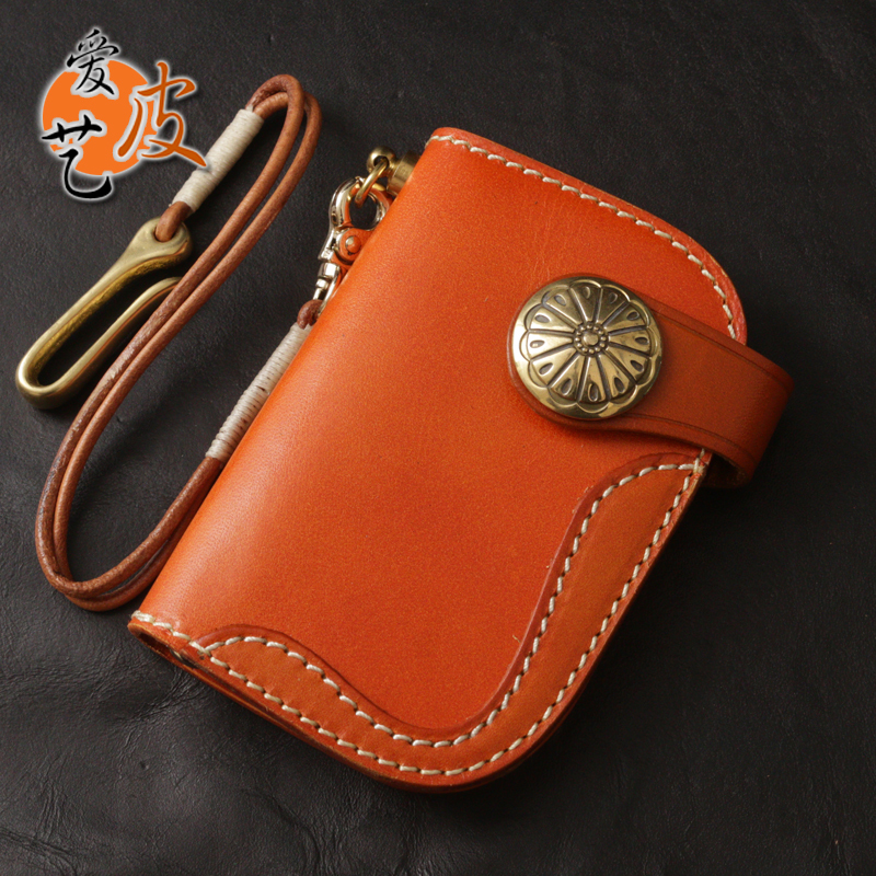 Handmade Key Pouch Small Wallet Coin Purse Card Holder Two-In-One Japanese Retro Multifunctional Vegetable-Tanned Leather Lanyard Copper