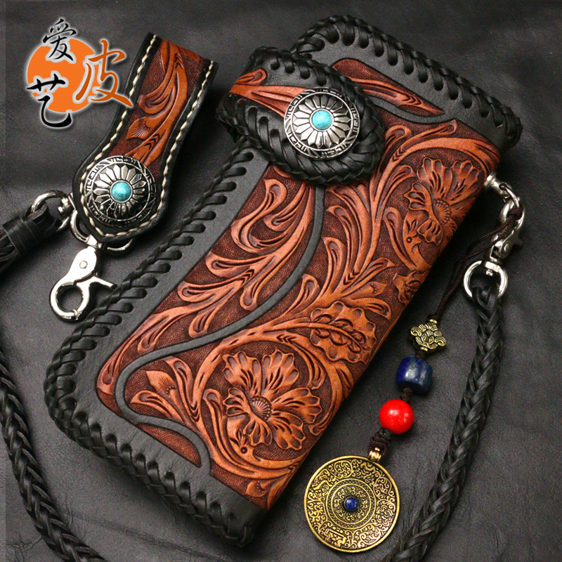 Love leather art original leather carving wallet hand-woven vintage leather first layer cowhide long wallet men and women leather