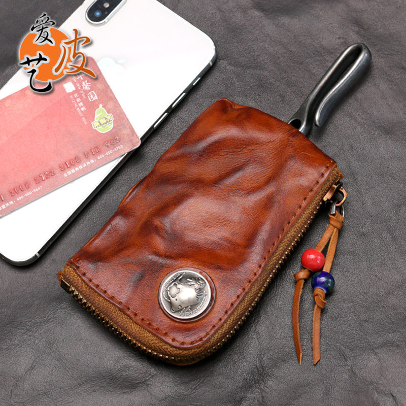Drunk Key Bag Home Retro Tide Handmade Cow Leather Multifunction Genuine Leather Zero Money Bag Carpack Two-in-one Body Man