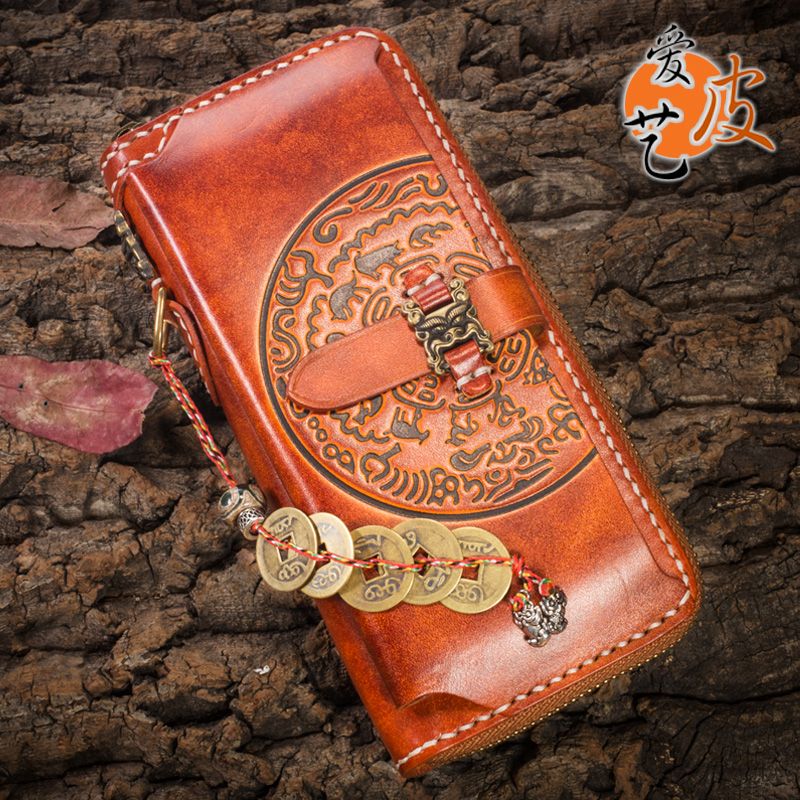 Love leather art handmade cowhide handbag male cowhide Nine Palace snow lion wallet long leather hand zipper mobile phone wallet