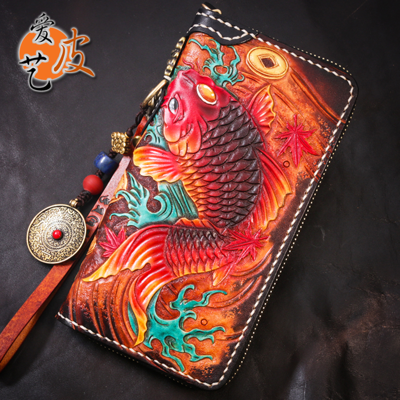 Aipiyi Hand-Carved Snow Lion Buckle Wallet, First-Layer Cowhide Men's Long Zipper Bag, Genuine Leather Aipiyi Hand-Carved Snow Lion Buckle Wallet, First-Layer Cowhide Men's Long Zipper Bag, Genuine Leather