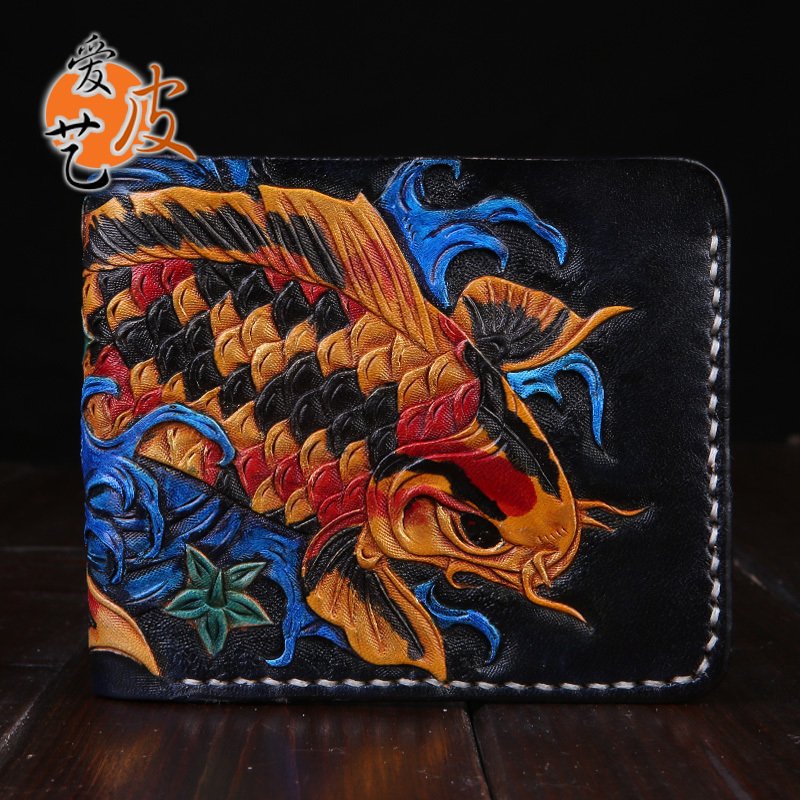 Lucky Money-Attracting Niche Design Men's Leather Carved Handmade Wallet Fortune-Bringing Carp Leather Wallet Genuine Leather Short Style Women's Vegetable-Tanned Wallet