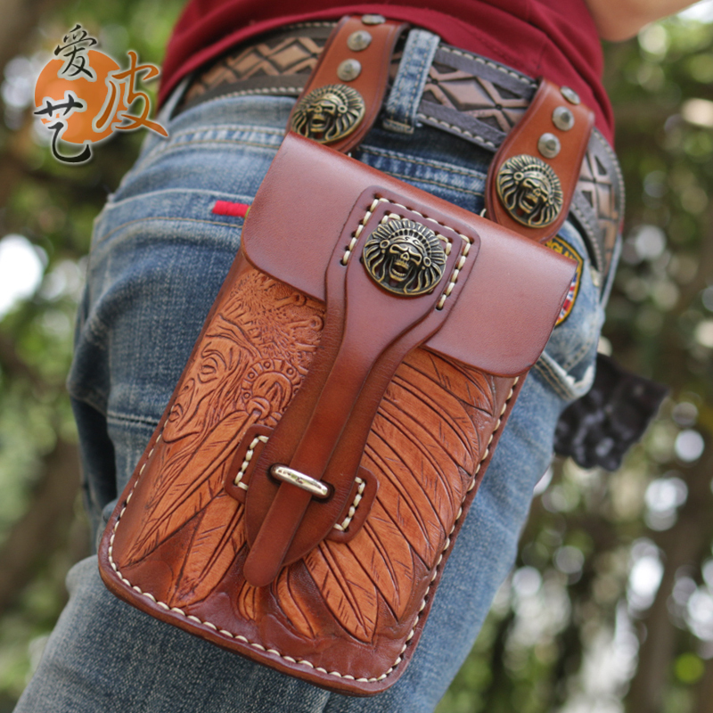Chieftain Waist Bag for Men, Hand-Carved American-Style Motorcycle Retro Top-Layer Cowhide Hand-Stitched Phone Pouch, Equestrian Riding Gear