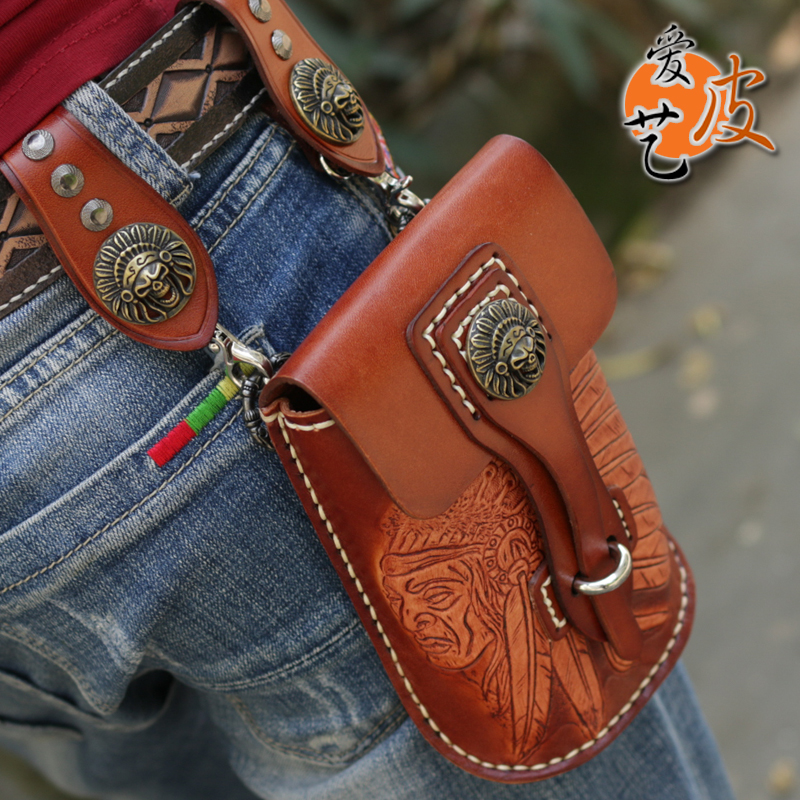 Chieftain's pocket! Niche hand-carved American vintage men's head layer cowhide motorcycle Harley hand-sewn mobile phone bag