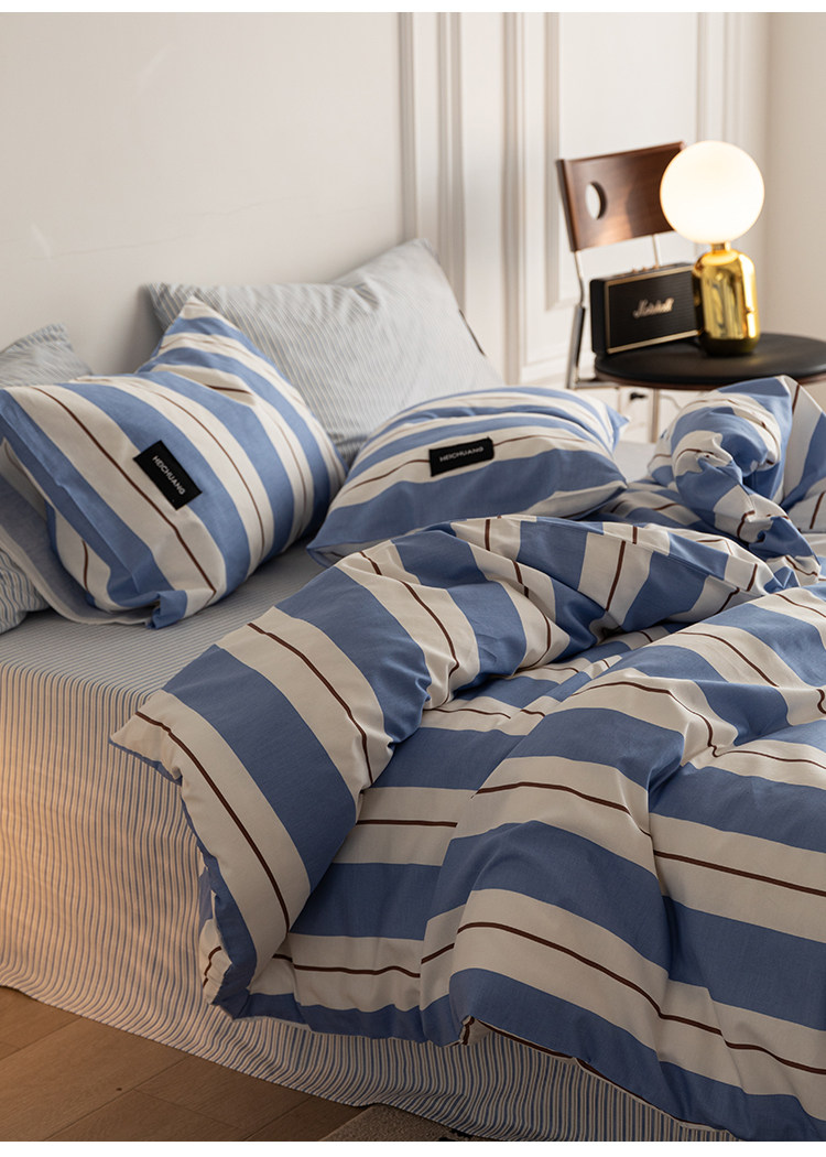 Комплект постельного белья 虾米的故事 из 100% хлопка в полоску синий цвет 3-4 предмета для студенческого общежития