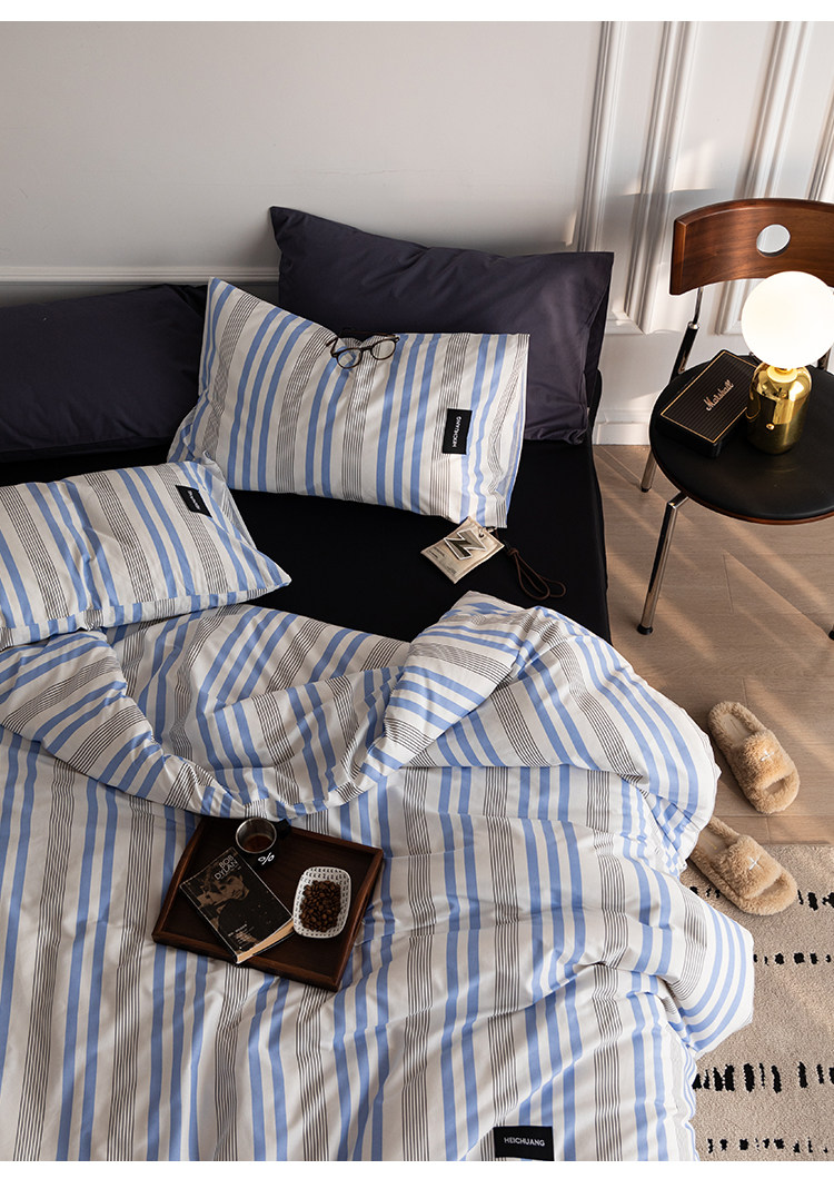 Комплект постельного белья 虾米的故事 из 100% хлопка в полоску синий цвет 3-4 предмета для студенческого общежития