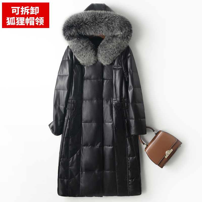 2022 Winter New Fox Fur Collar Haining Leather Jacket Genuine Leather Down Jacket Women's Mid-length Hooded Thick Fur Jacket