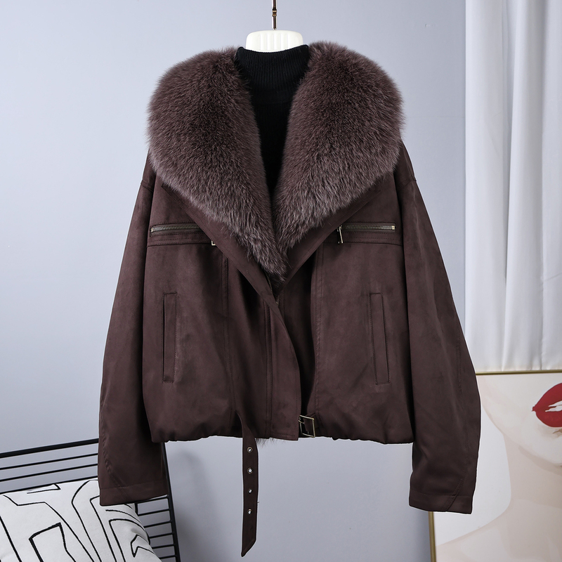 Fox Fur Collar Suede Jacket Short Coat Goose down down Jacket 2025 New Style Fur Coat for Young Women