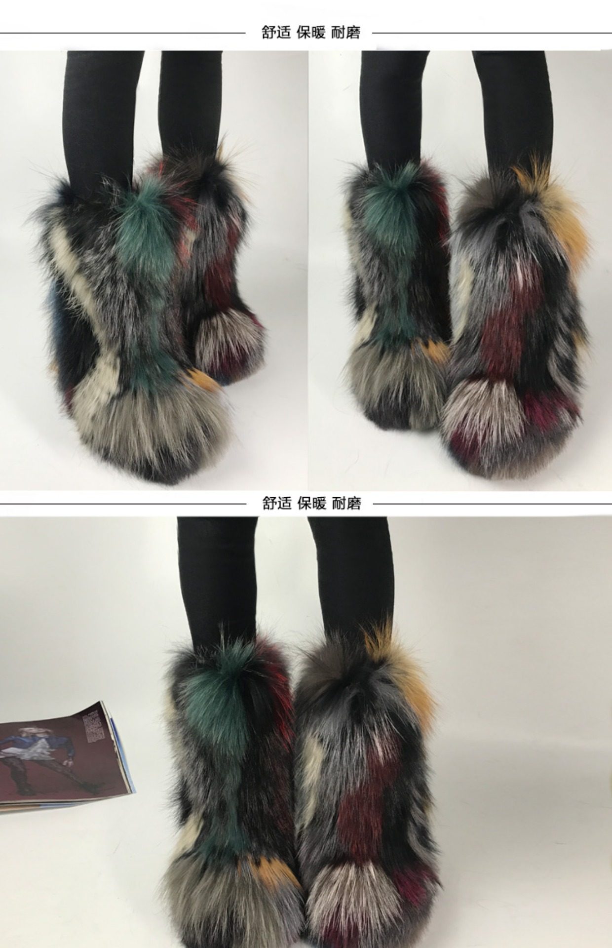 Women 100% Real Fox Fur Boots Multicolour 13CM Inner Heighten Pull