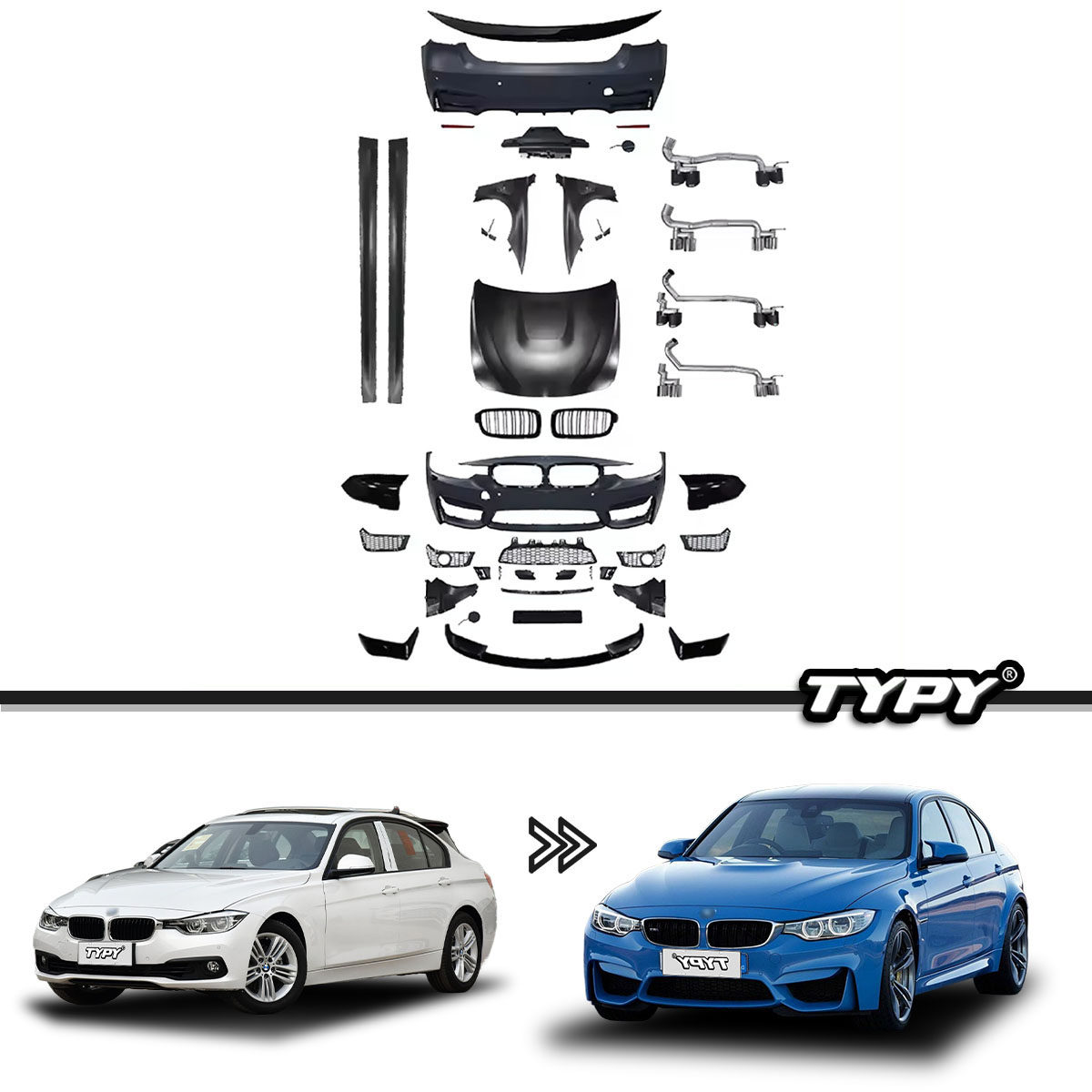 เหมาะสำหรับ BMW ซีรีส์ 3 รุ่น F30/F35 ปี 2013–2019 ชุดแต่งตัวถังแบบเต็มรูปแบบ รวมกันชนหน้า-หลังและสเกิร์ตข้าง สำหรับตกแต่งภายนอก