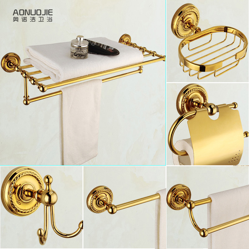 No punching full copper gold bath towel rack Bathroom towel rack hardware set Rack powder room wall hanging
