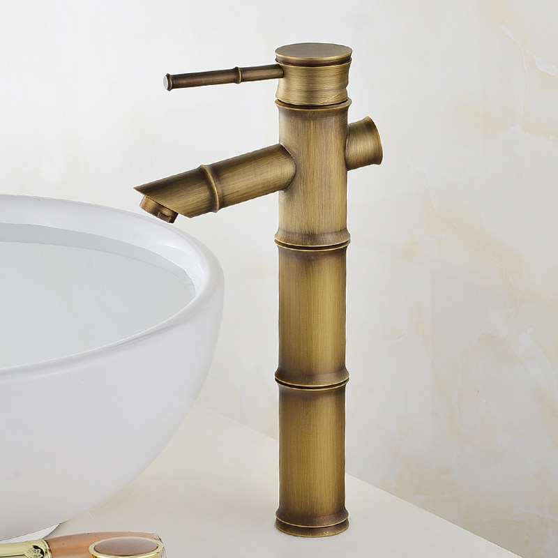 All copper antique bamboo hot and cold basin faucet European art basin basin faucet brushed single hole brass