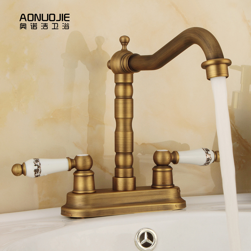 Antique-Style Double-Hole Faucet, Copper Two-Handle Bathroom Vanity Faucet for Hot and Cold Water, Under-Counter Washbasin, European Style, Gold Color