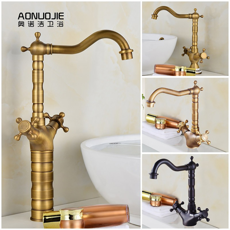 All-Copper Rotating European-Style Faucet, Hot and Cold, Above-Counter Basin Faucet, Single-Hole Dual-Handle Faucet, Antique-Style Faucet