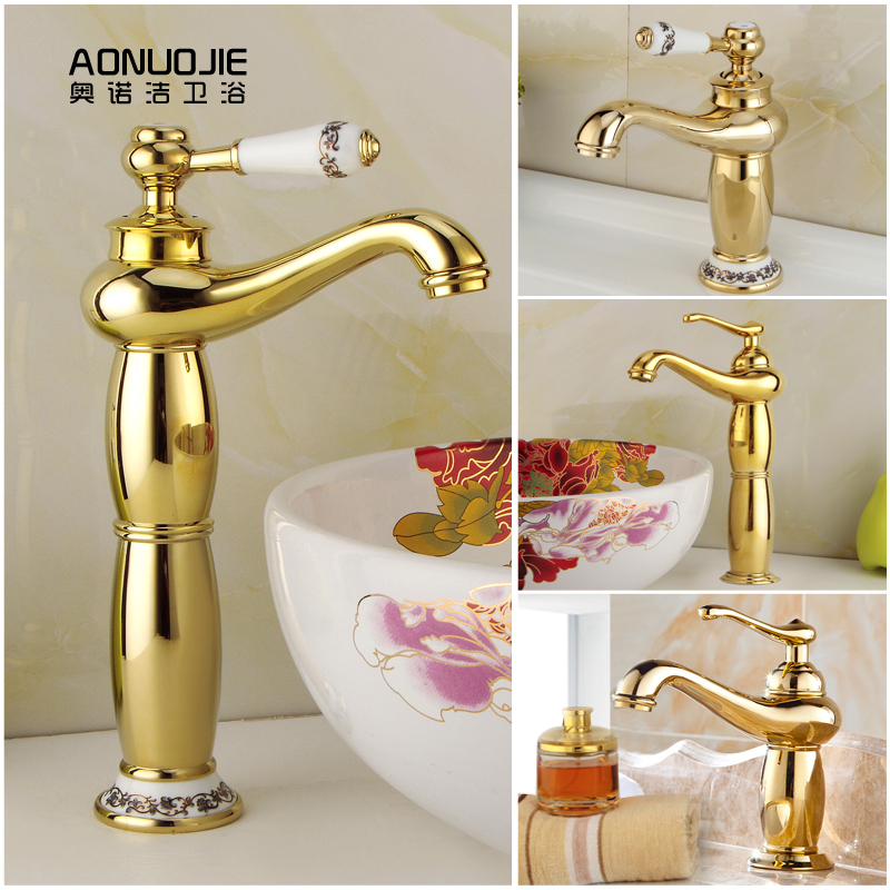 Aonojie Golden Basin Single Hole Antique Faucet Hot and Cold All-Copper Countertop Basin Washbasin Bathroom