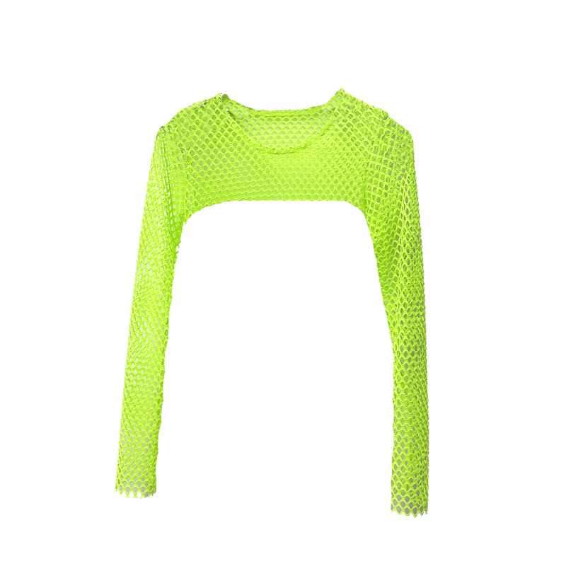 Niche Ultra-Short Mesh Plaid T-Shirt for Women, Slim-Fit Long-Sleeve Cover-Up, Dance Layering, Sexy Half-Bust Crop Top, Trendy