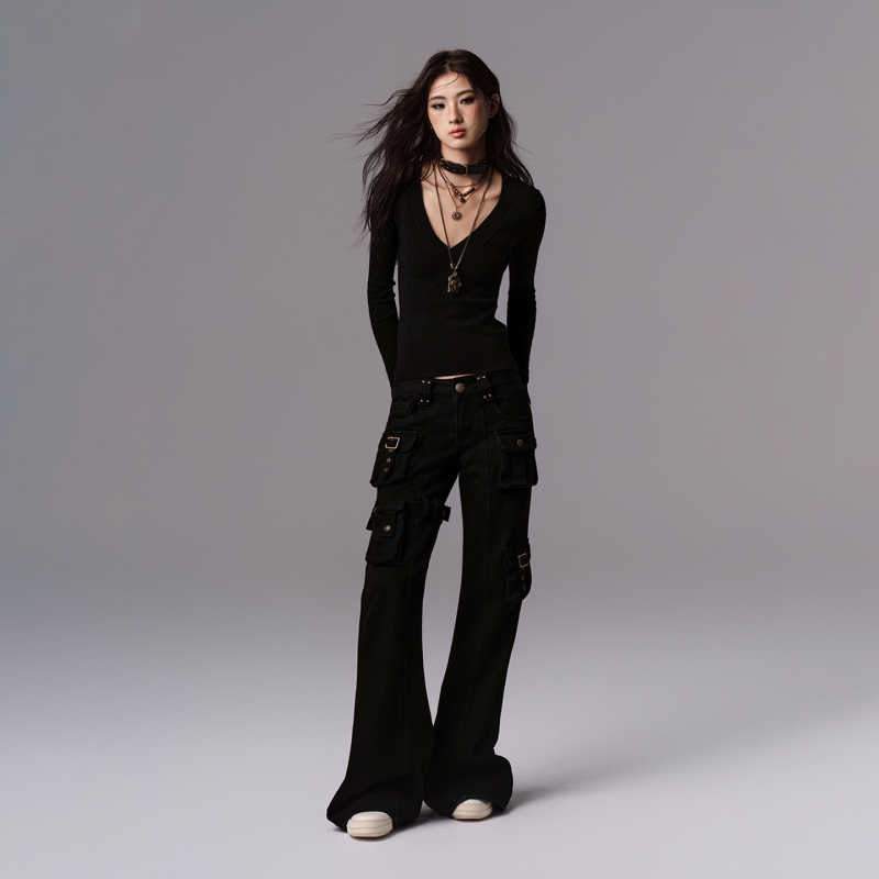 Low Pixel Bronze Buckle Rivet Flared Work Pants Vintage Detachable Pocket Jeans for Women