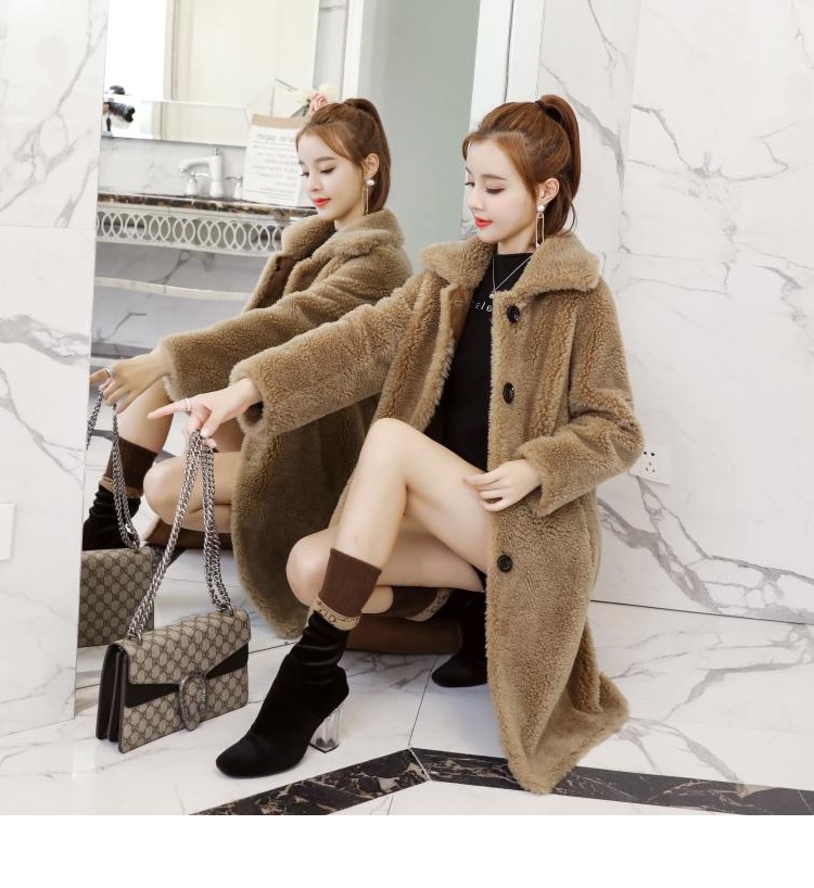 Áo lông cừu lông cừu nữ 2018 mới dài phần hồ sơ ve áo hạt len ​​lông mùa đông áo khoác kaki lót lông