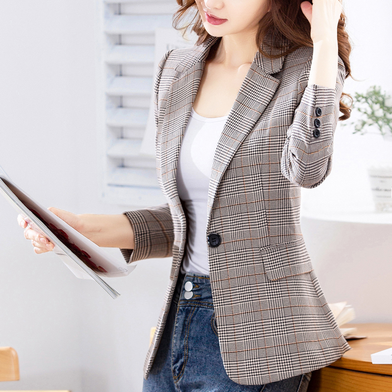 Plaid High-End Coffee-Colored Blazer for Women, Spring and Autumn, Korean Retro British Style, Casual Korean Version, Short and Slim Fit
