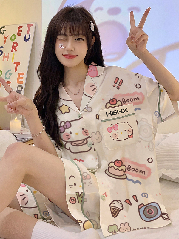 Korean Gioio Pajamas for Women, Summer Silk Hellokitty Cute Ice Silk Loungewear Set for Summer ins