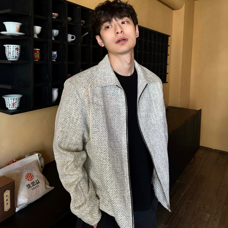 Gray and White Woven Tweed Chanel-Style Versatile Commuter Jacket, Short Style, Regular Shoulder, Loose Fit, Zip-Up Coat Ice up