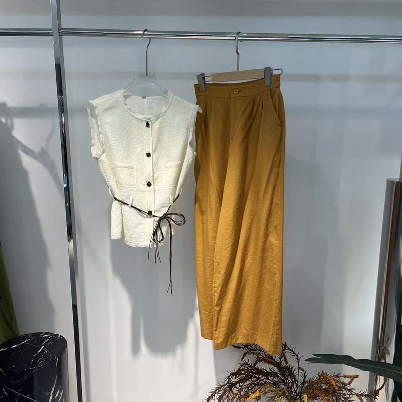 1052-Qt08997B Genuine Sleeveless Lace Shirt with Waist Tie, Slimming and Elegant Pants Set