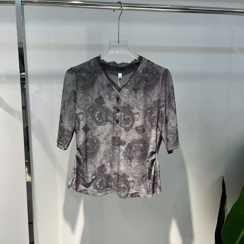 1351-6A210963 Authentic Retro Printed Short-Sleeved Lace Patchwork V-Neck Slim Casual Top