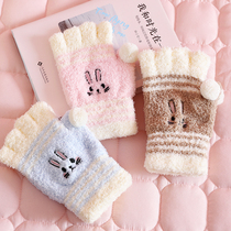 ins cartoon Korean gloves winter Girls cute exposed finger plush warm cold students write half finger gloves