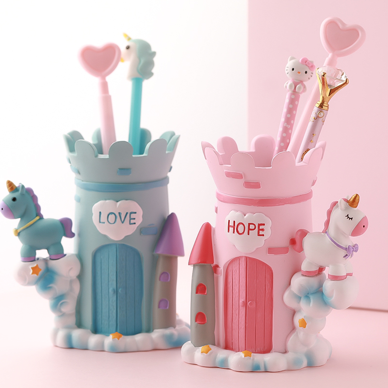 ins teen girl heart cute unicorn pen holder student female fashion creative personality containing box stationery pen barrel swing piece