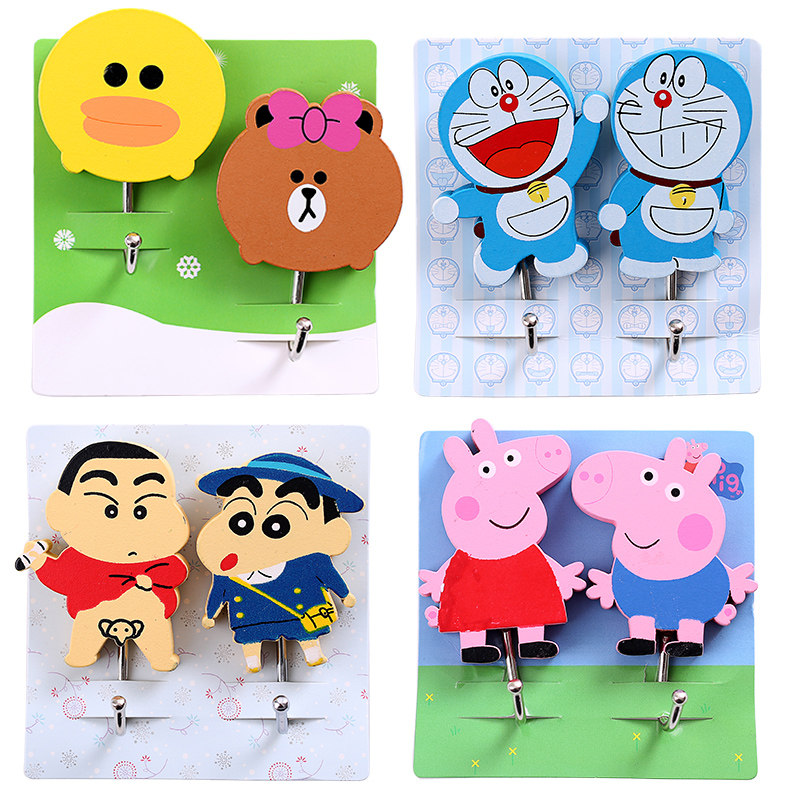 Korean Version Wooden Cartoon Creativity Cute Pair Hook Door Rear Clothe Hood Kitchen Bathroom Hook Powerful Adhesive 2 Clothing