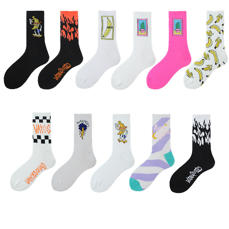 Foreign Trade Socks, Men's Mid-Calf Socks, Women's Striped Short Socks, Sweat-Absorbent and Odor-Resistant Socks, Cactus, Flame Banana