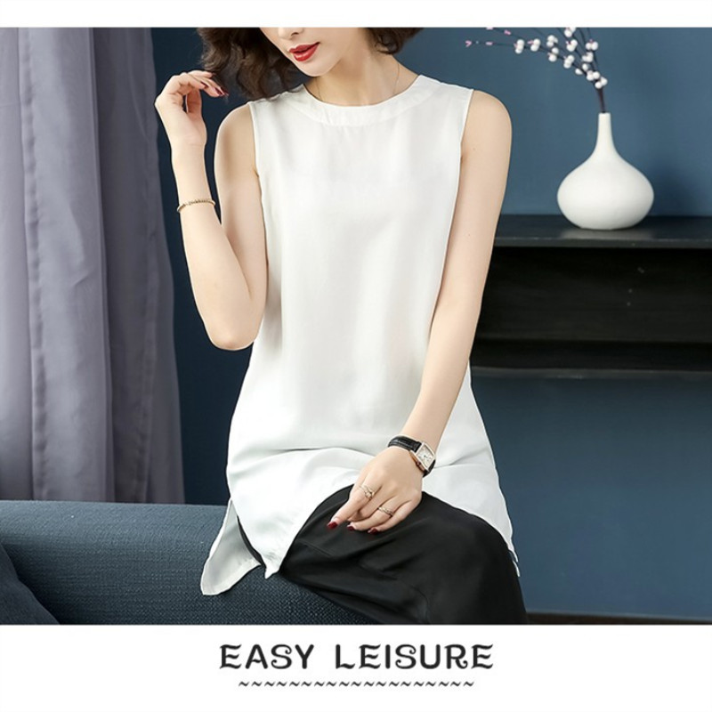Summer Style Cool Cupro Silk Sleeveless Vest, Fashionable Slit, Slim Fit, Loose White Short-Sleeved Inner Wear, Plus Size Top