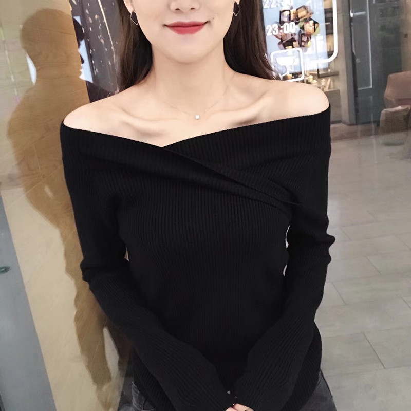 Mùa thu 2018 phiên bản Hàn Quốc mới của khí chất hai người mặc áo trễ vai v cổ Slim là áo len mỏng chạm đáy áo len nữ áo len cổ cao