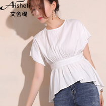 Esherti round neck design sense chiffon shirt female waist foreign style small shirt 2021 summer new front short back long coat women