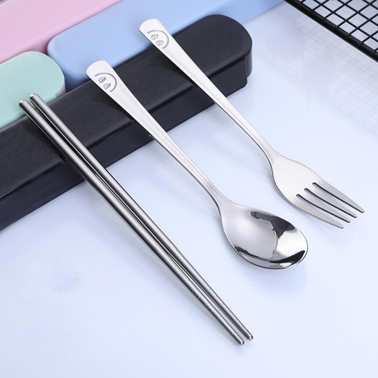 Stainless steel cutlery set promotional gifts portable tableware chopsticks fork spoon travel outdoor camping smiley face tableware three pieces