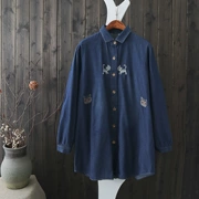 QH33 sơ mi denim mùa thu phong cách mới Hồng Kông retro thêu mèo nhỏ rửa sạch áo sơ mi cotton mùa thu