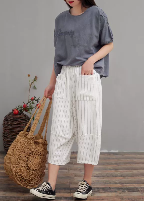 A5 retro cotton và linen cắt quần túi lớn ở hai bên lỏng lẻo kích thước lớn đàn hồi eo quần quần sọc cà rốt dọc - Quần Harem