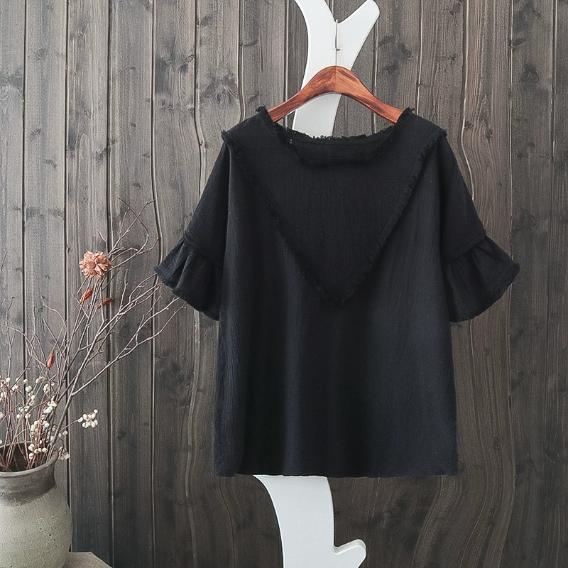 HD31 mềm chị trumpet tay áo thêu nặng thêu tua cotton và linen áo văn học loose linen T-Shirt áo sơ mi áo sơ mi sọc caro