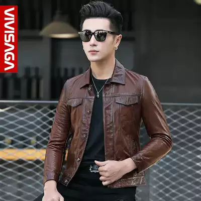 Leather leather clothing men's slim lapel short sheep leather motorcycle leather jacket youth handsome spring and autumn coat tide