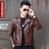 Haining leather leather clothing mens first layer cowhide suit collar Korean version slim handsome motorcycle leather jacket mens coat tide