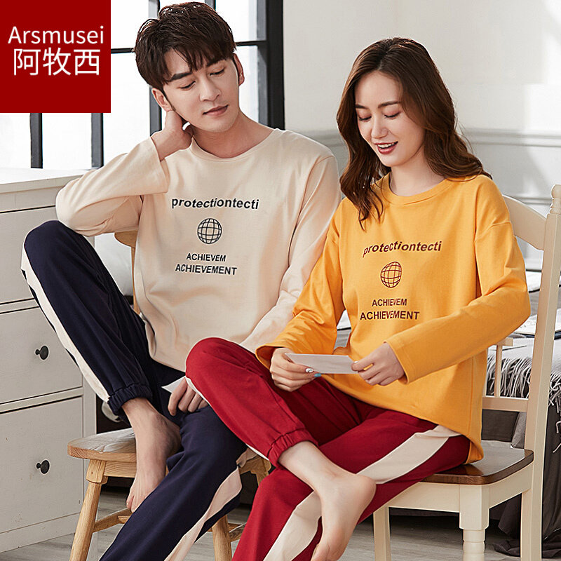 Couple pajamas spring and autumn models pure cotton long-sleeved men's pullover women's round neck sweet and loose can be worn outside the home clothes suit