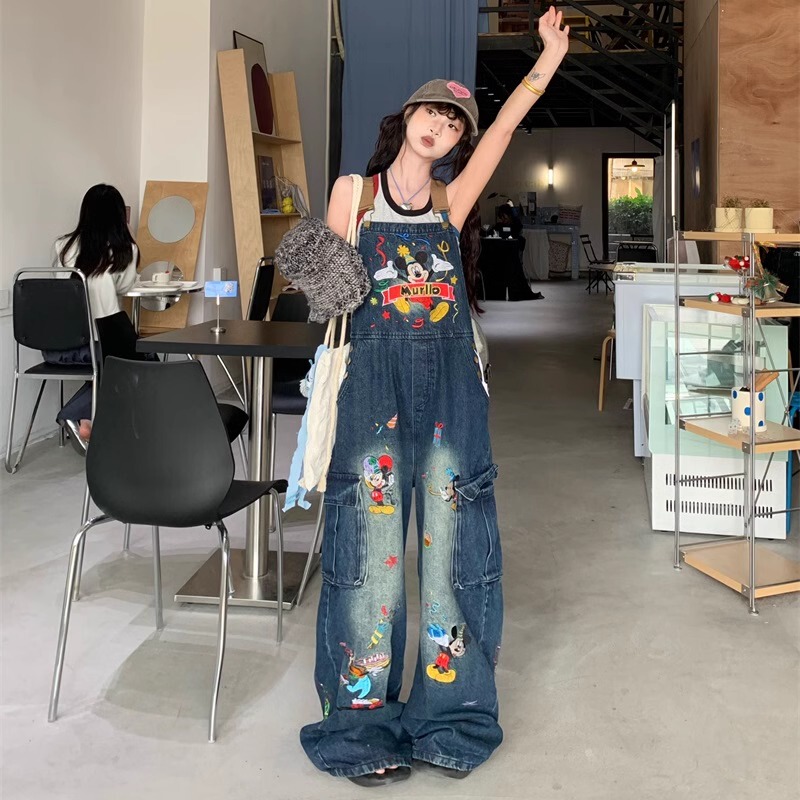 0918 Very Beautiful American Retro Cartoon Cat Embroidered Washed Denim Overalls for Women, Loose and Slimming Long Pants, Trendy