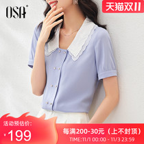 OSA blue short sleeve chiffon shirt female summer thin model 2021 New temperament professional shirt doll collar top