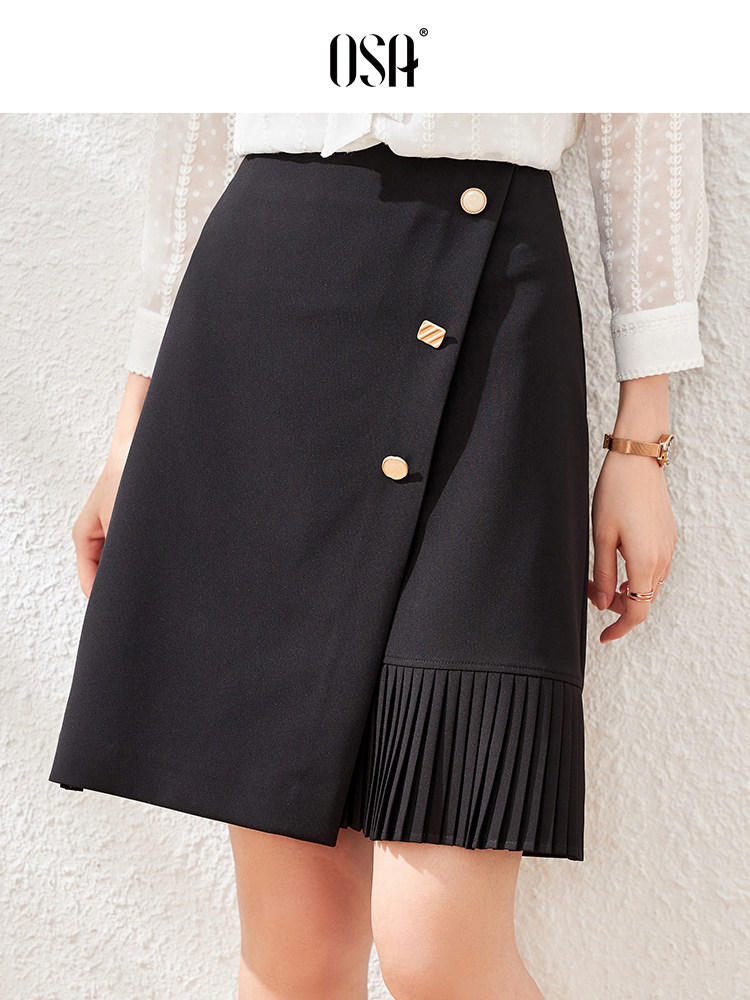 OSA high-waisted pleated skirt black skirt women irregular 2021 new autumn temperament OL professional skirt