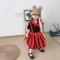 Childrens Wear Girls College Wind Cotton Knitted Skirt Short Sleeve Pleated Dress 455
