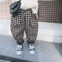 Thick winter cotton pants for boys and girls plus velvet Plaid big pocket children radish pants Harlan trousers 180